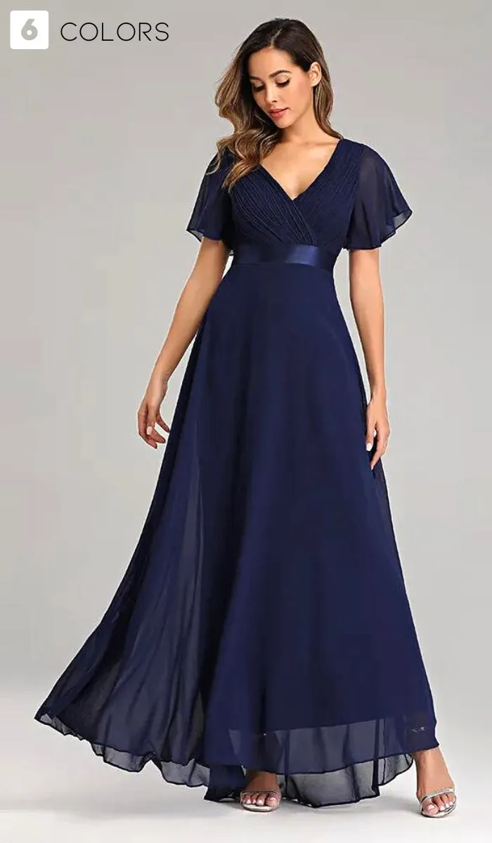 Luexco Elegant Chiffon Flutter Sleeve Formal Dress