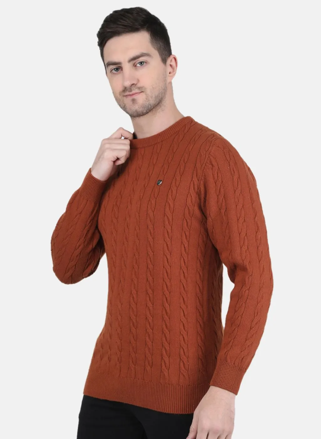 Men Rust Orange Self Design Pullover