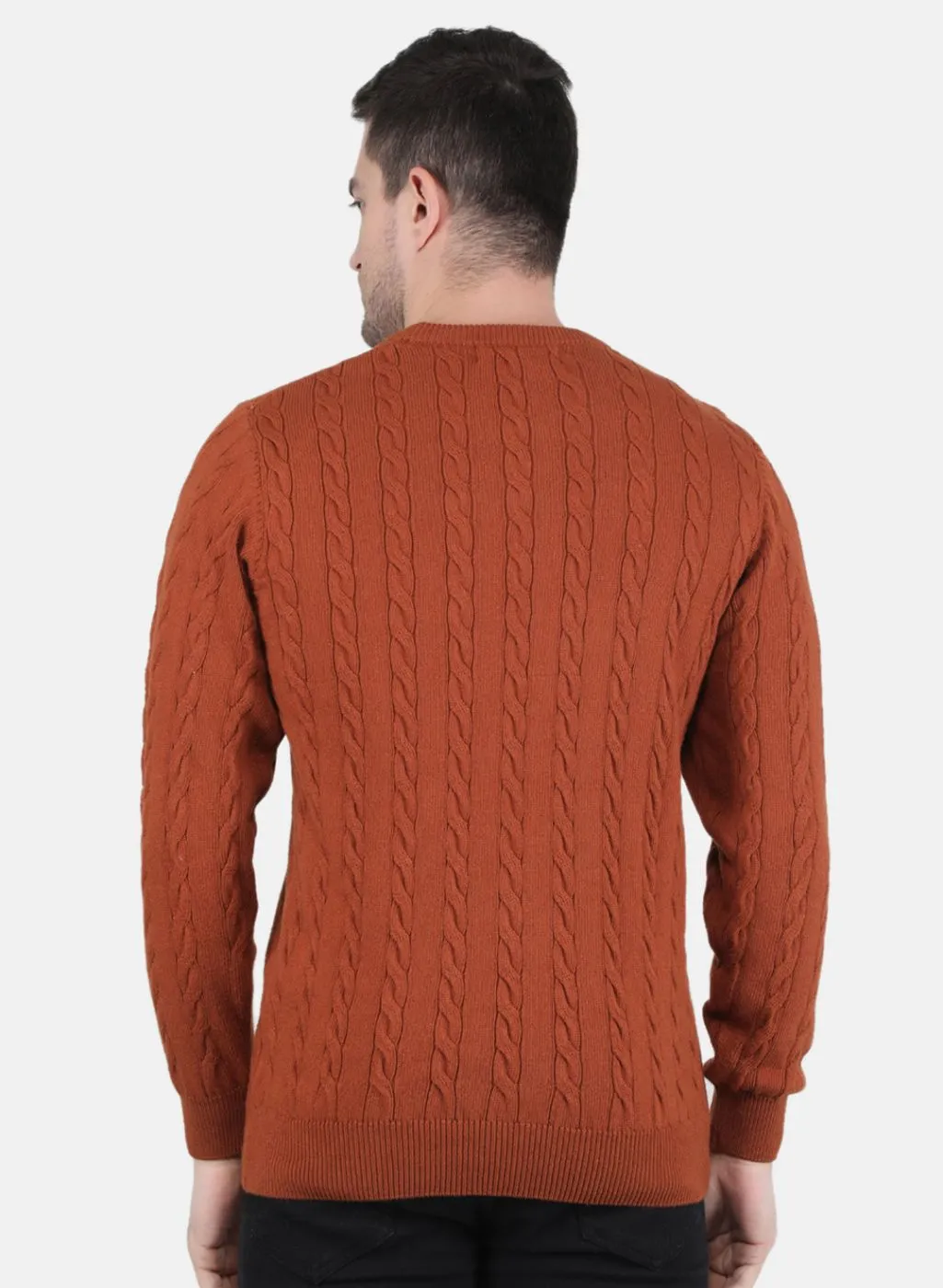 Men Rust Orange Self Design Pullover