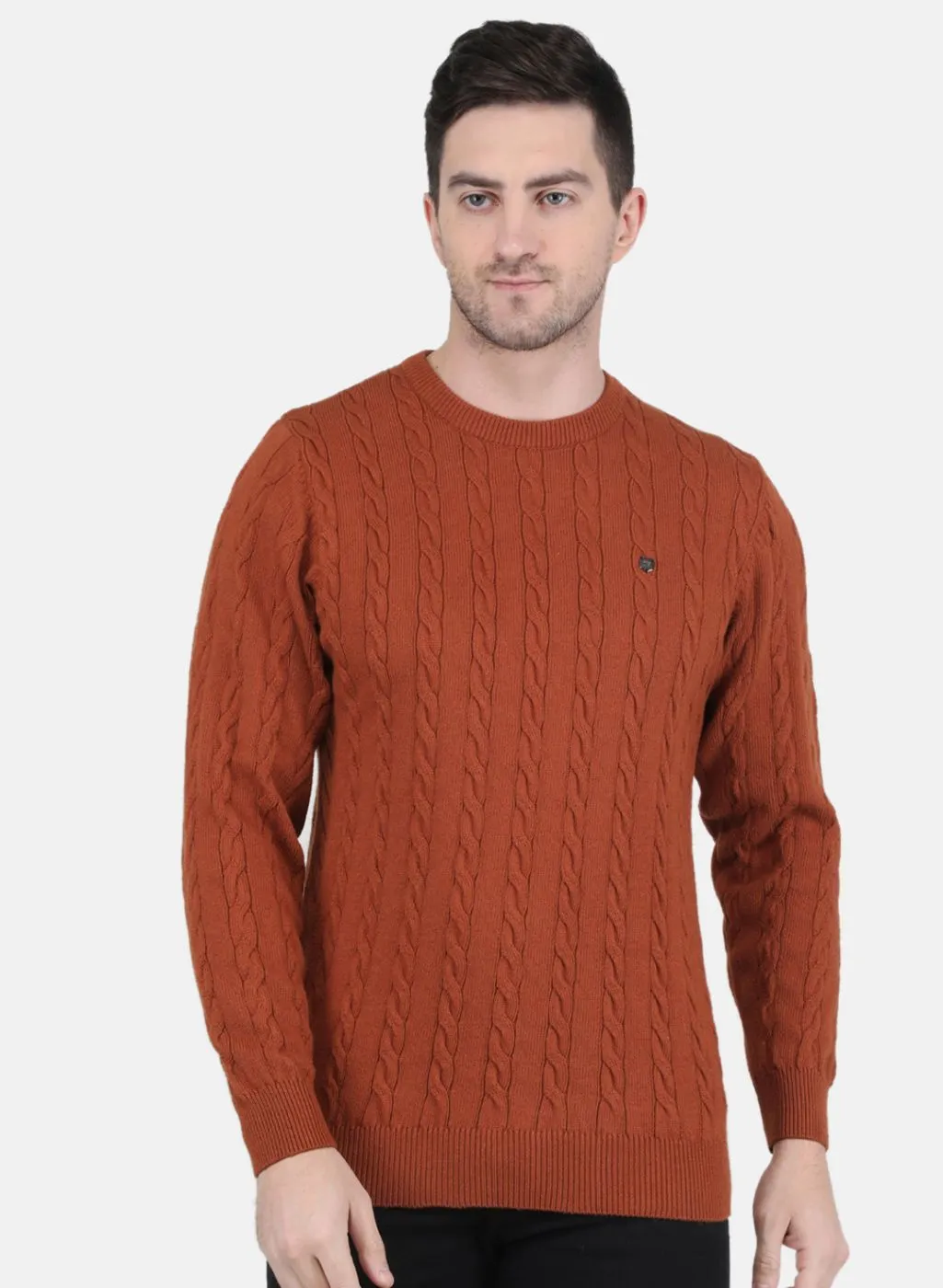 Men Rust Orange Self Design Pullover