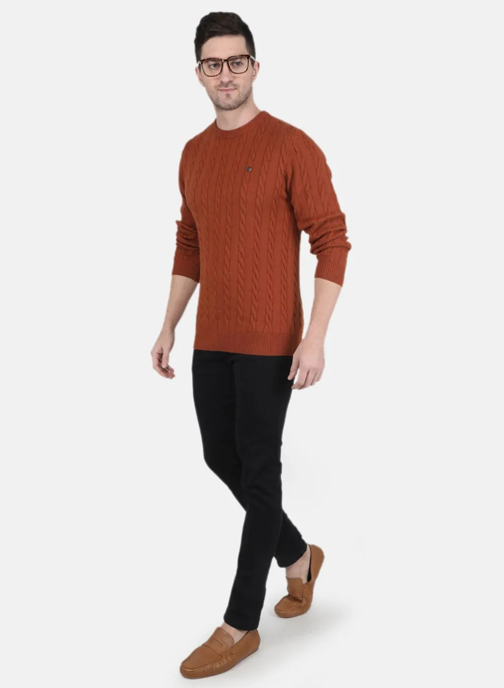Men Rust Orange Self Design Pullover