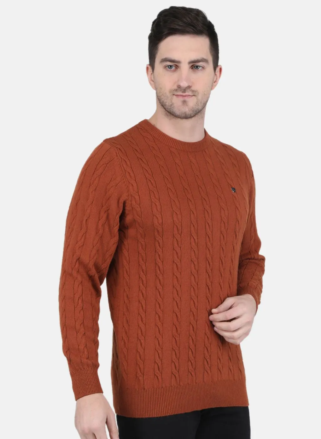 Men Rust Orange Self Design Pullover