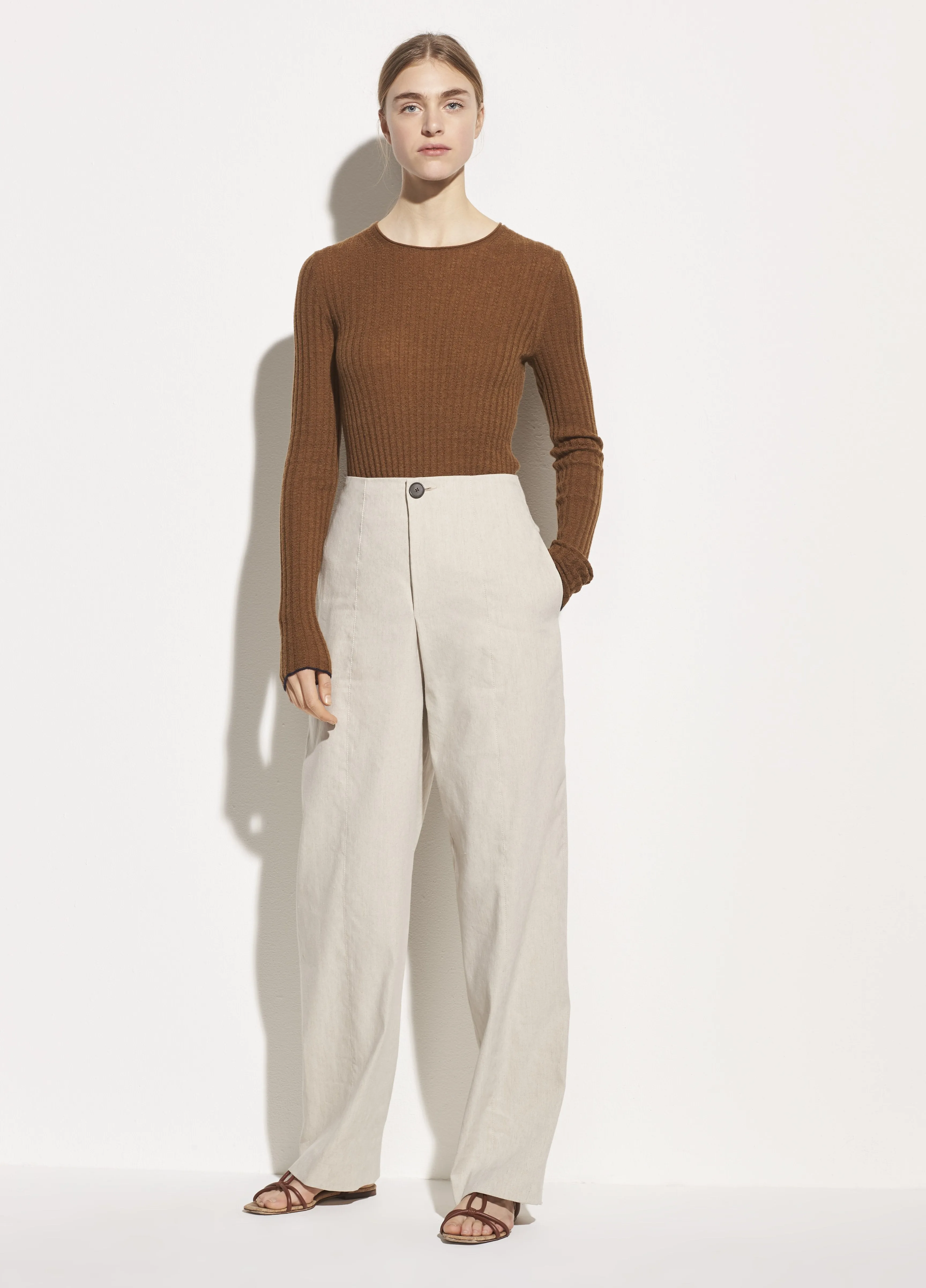 Micro Stripe Cashmere Crew in Pecan/Palo Santo