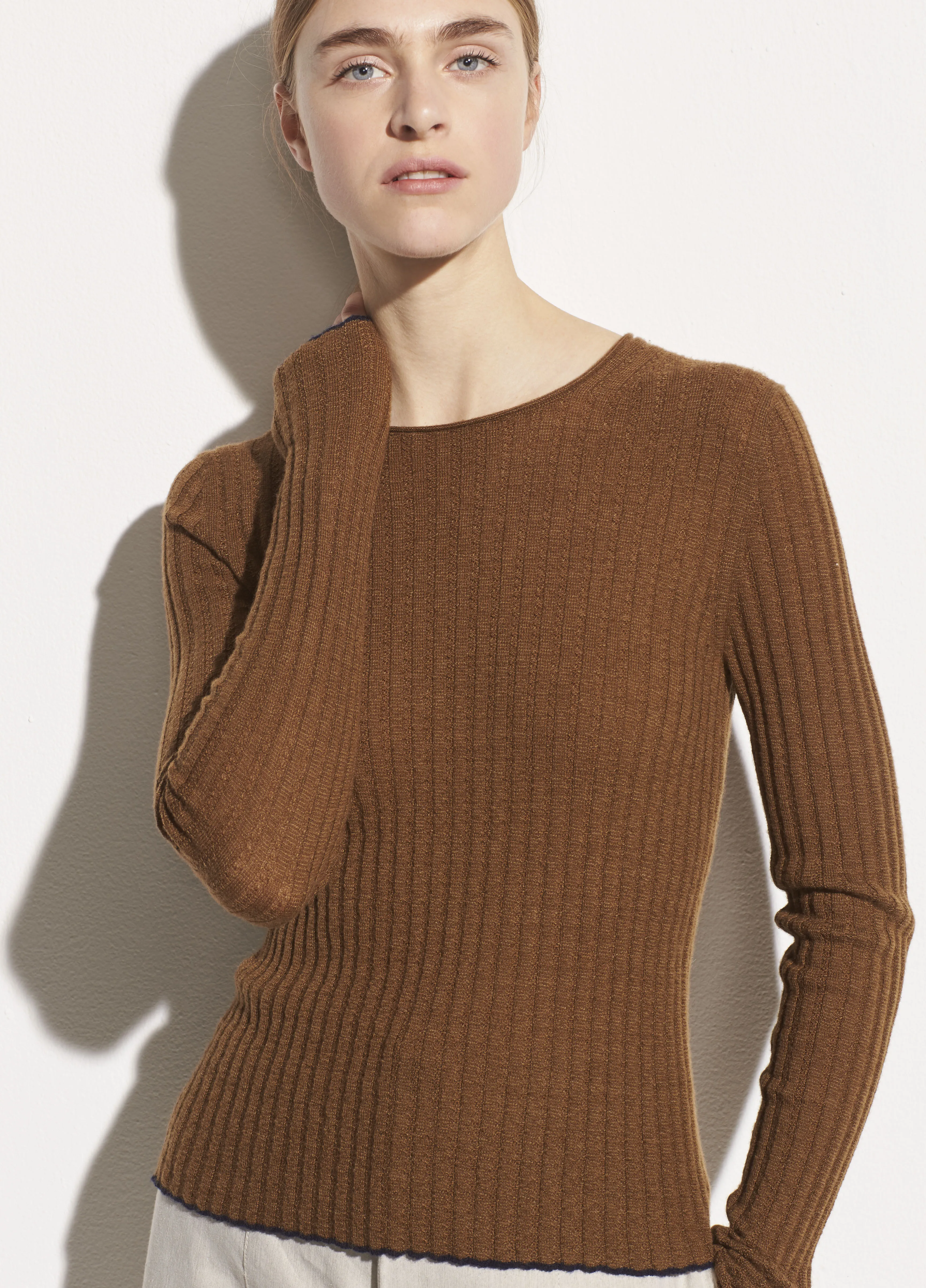 Micro Stripe Cashmere Crew in Pecan/Palo Santo