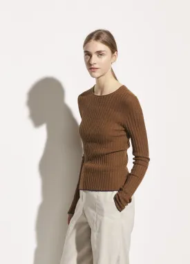 Micro Stripe Cashmere Crew in Pecan/Palo Santo