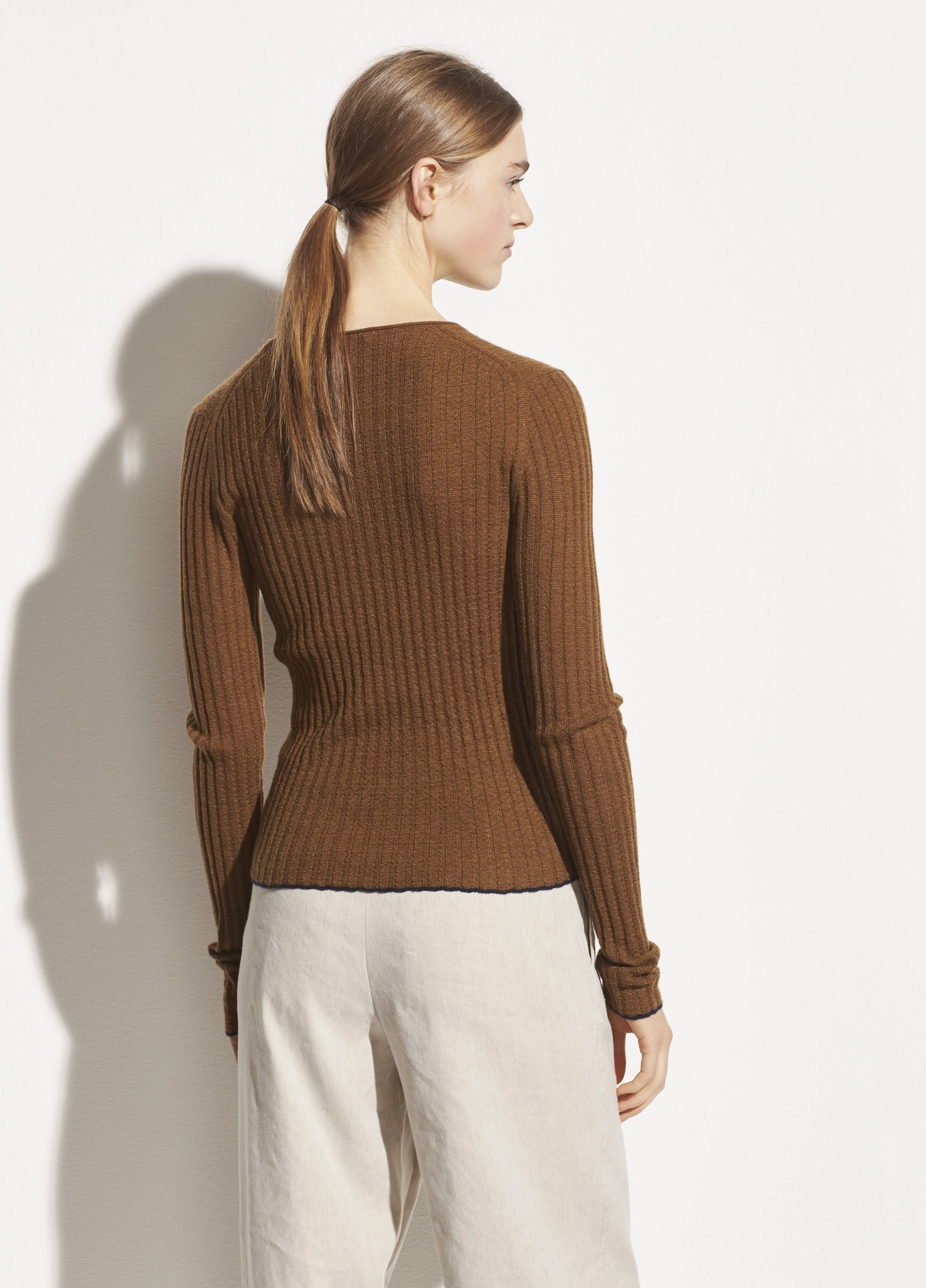 Micro Stripe Cashmere Crew in Pecan/Palo Santo