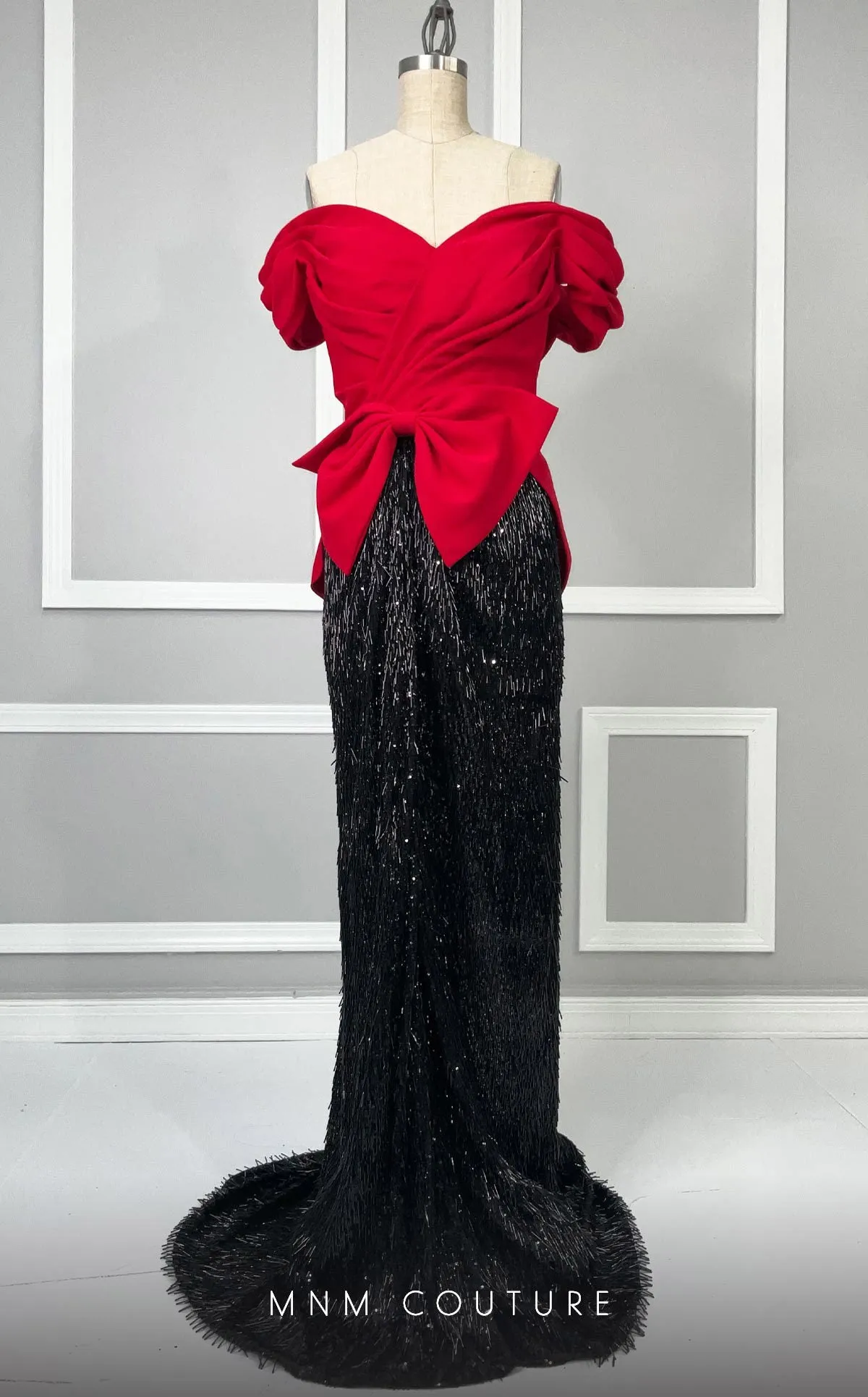 MNM Couture K4203 : Elegant Column Dress with Ruffle Sleeves and Train