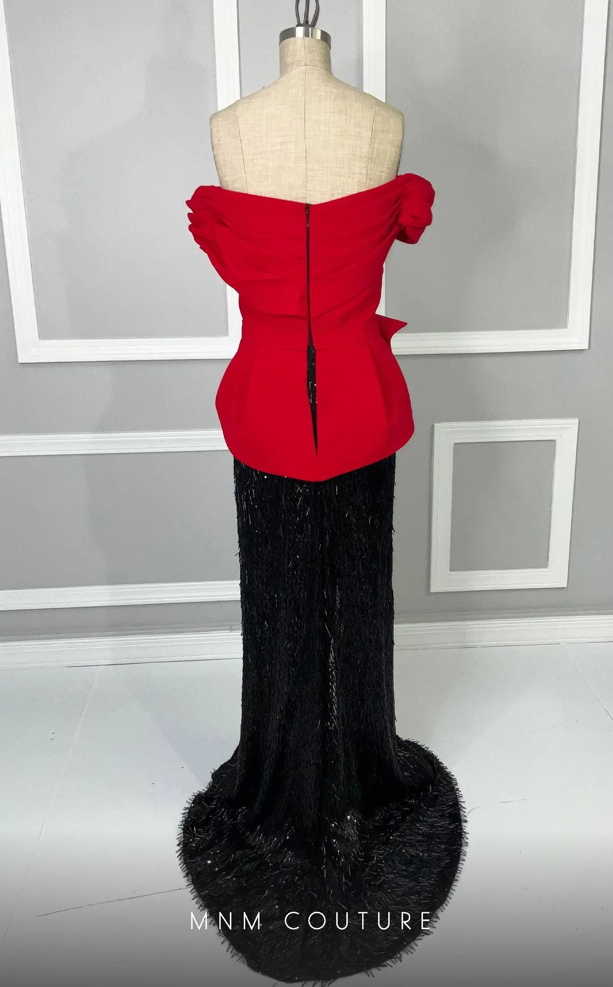 MNM Couture K4203 : Elegant Column Dress with Ruffle Sleeves and Train