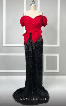 MNM Couture K4203 : Elegant Column Dress with Ruffle Sleeves and Train
