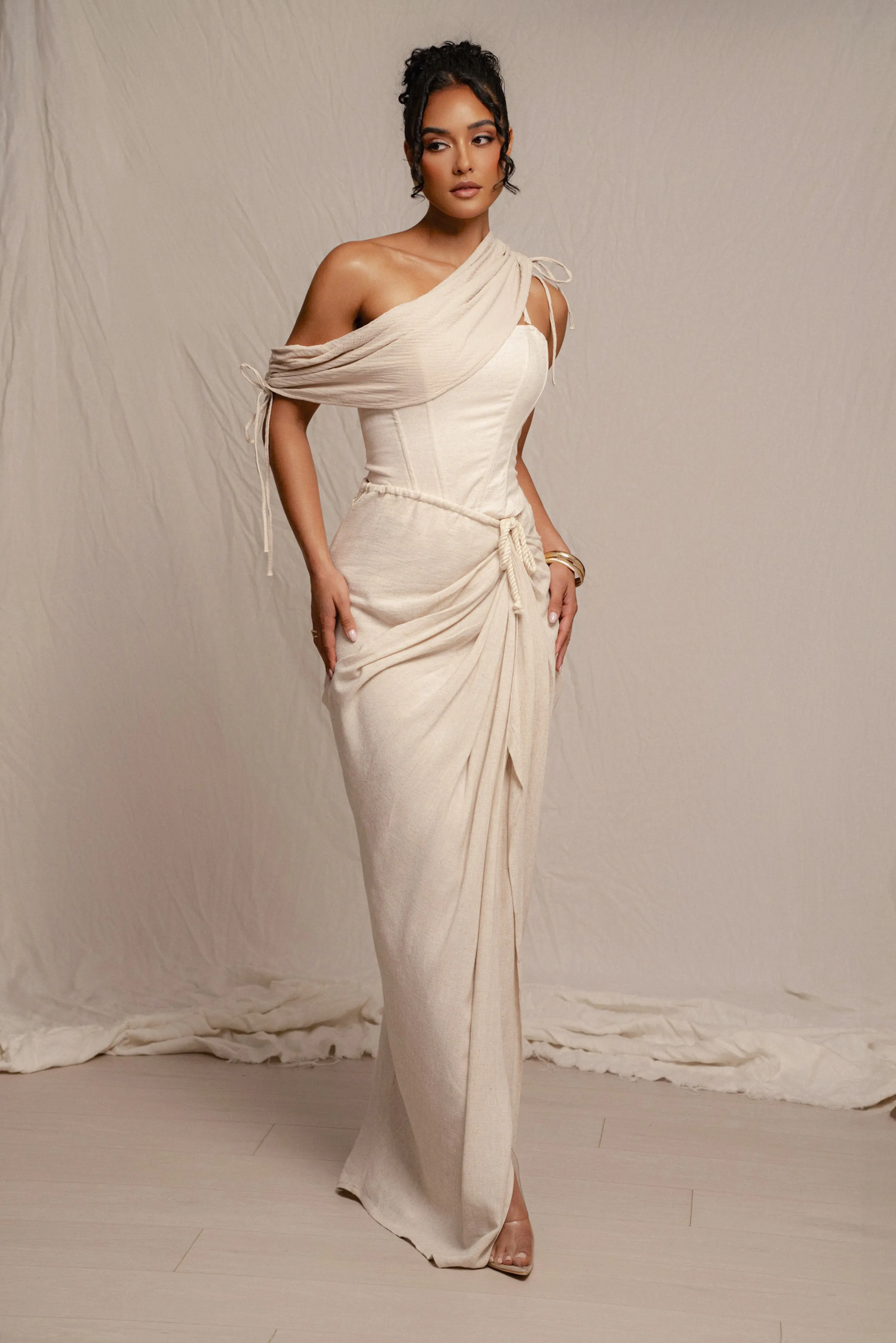 Natural Noelia Linen Slit Skirt
