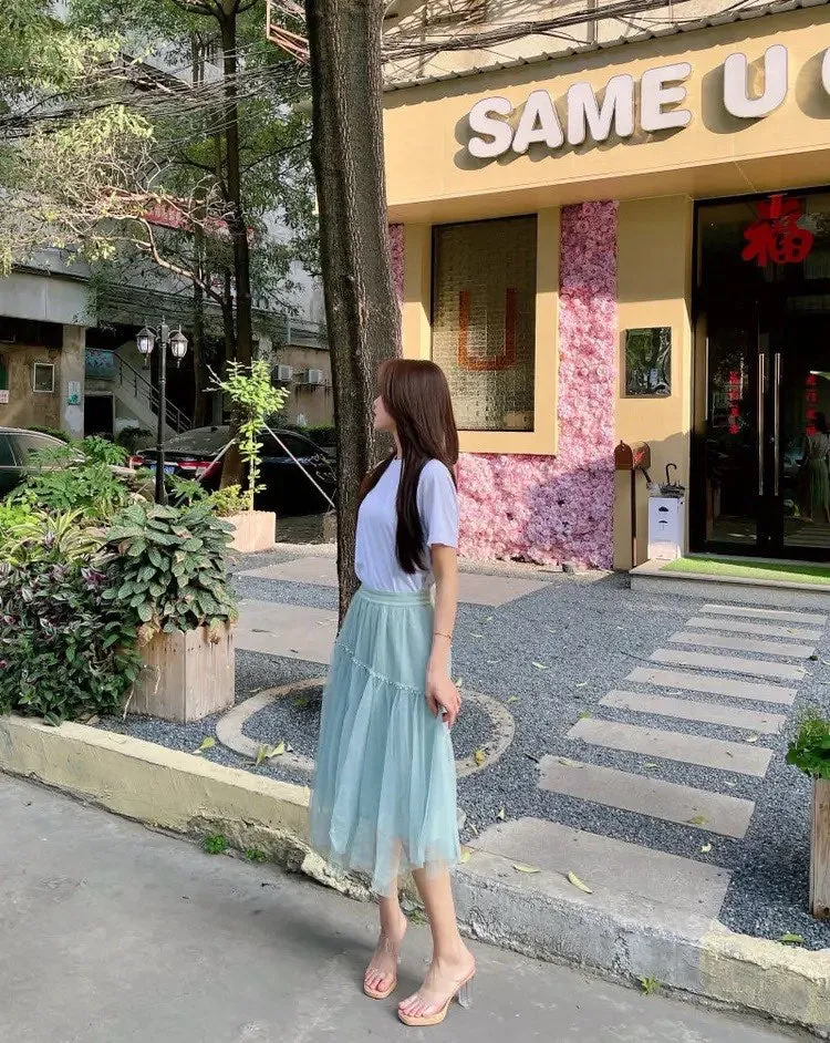 New Green Asymmetrical Elastic Waist Chiffon Pleated Skirt Summer AB1011
