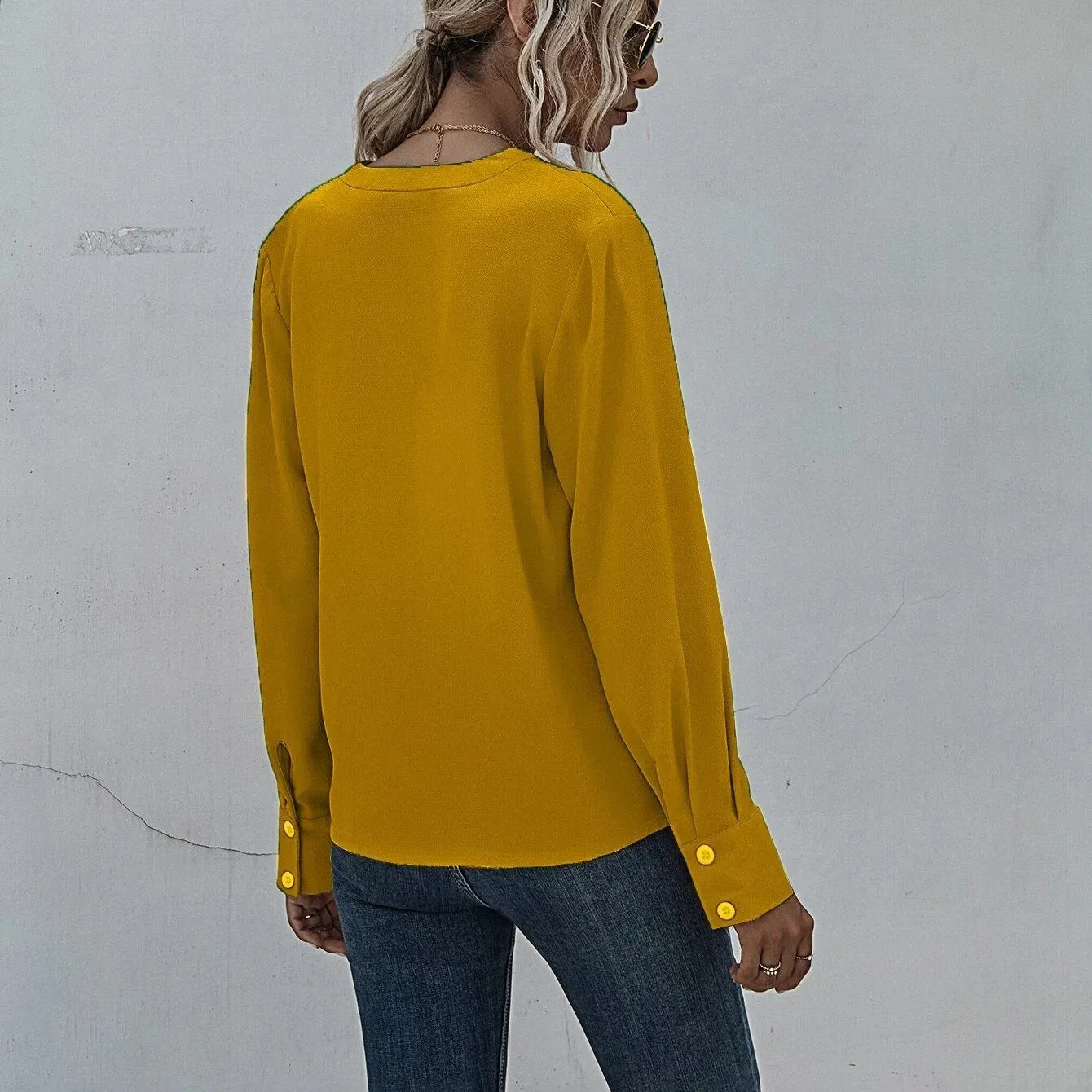 Notched Neck Pleated Decoration Blouse