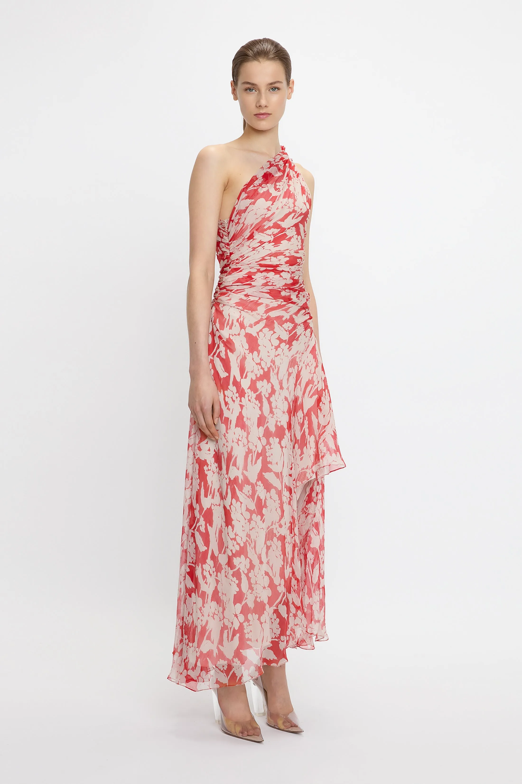 One Shoulder Draped Midi Dress In Chilli-Blush