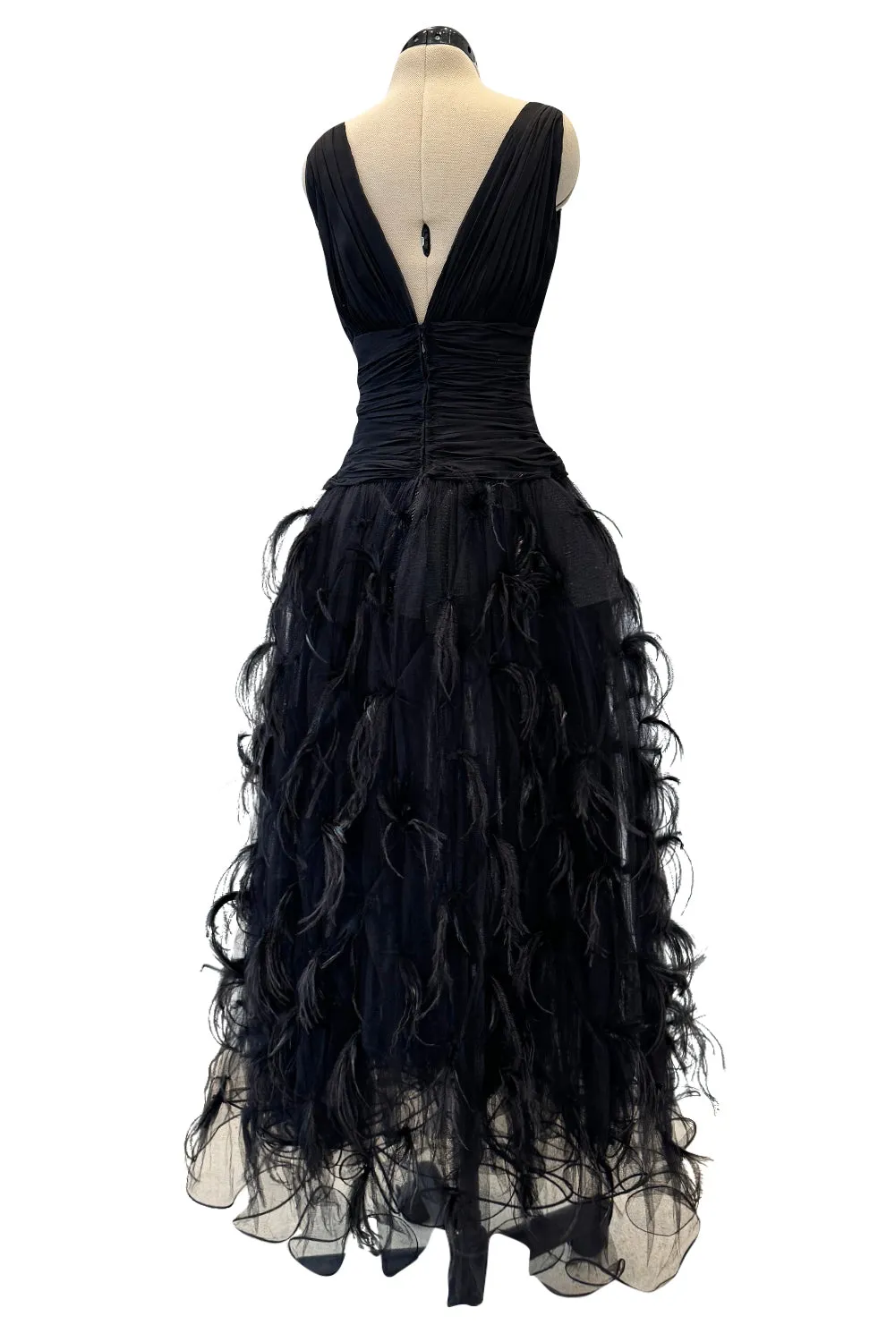Pierre Balmain Fall 2000 Haute Couture Silk Chiffon, Net & Feather Skirt Dress - 12.5-14" W