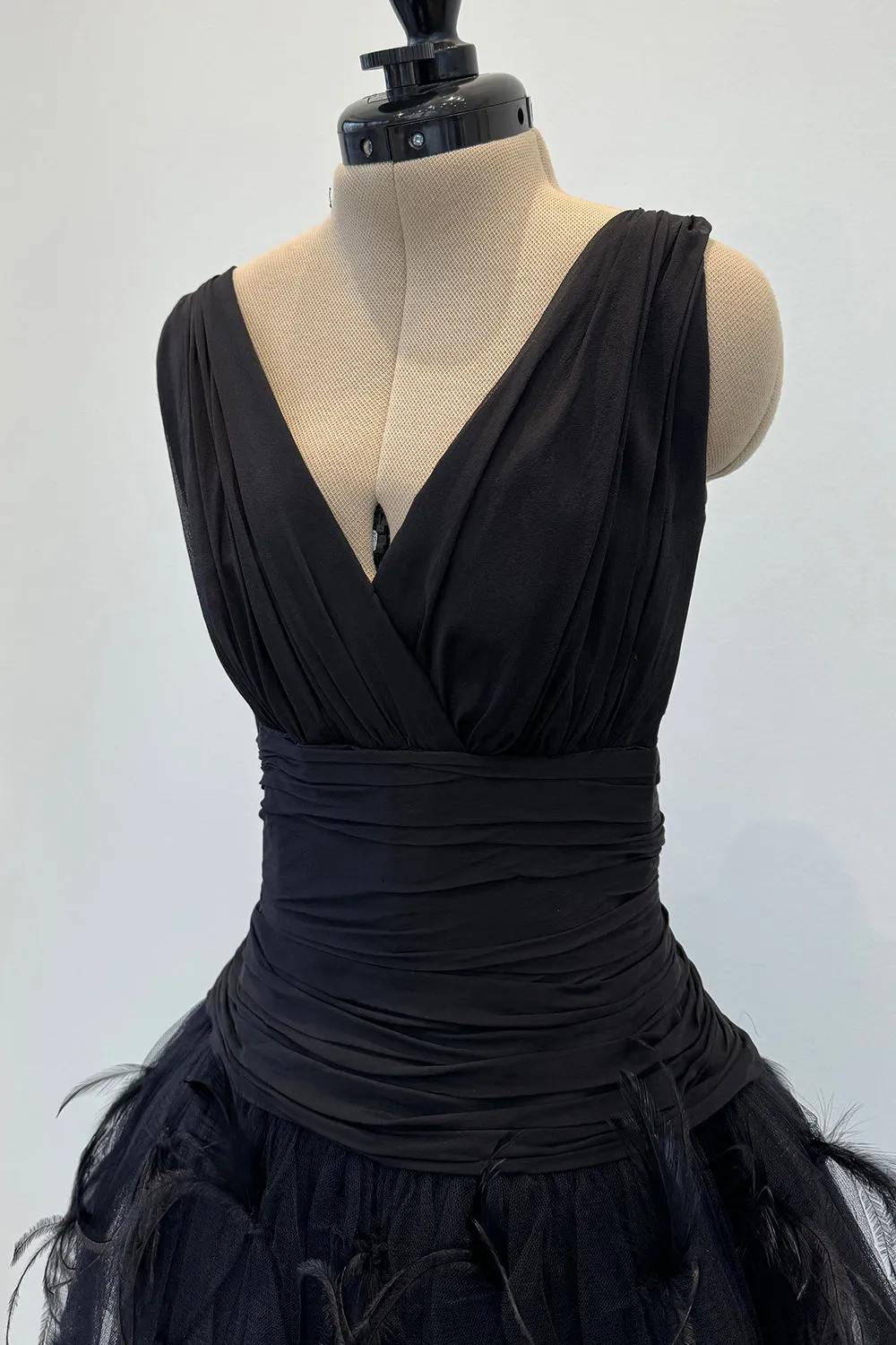 Pierre Balmain Fall 2000 Haute Couture Silk Chiffon, Net & Feather Skirt Dress - 12.5-14" W