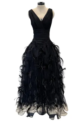 Pierre Balmain Fall 2000 Haute Couture Silk Chiffon, Net & Feather Skirt Dress - 12.5-14" W