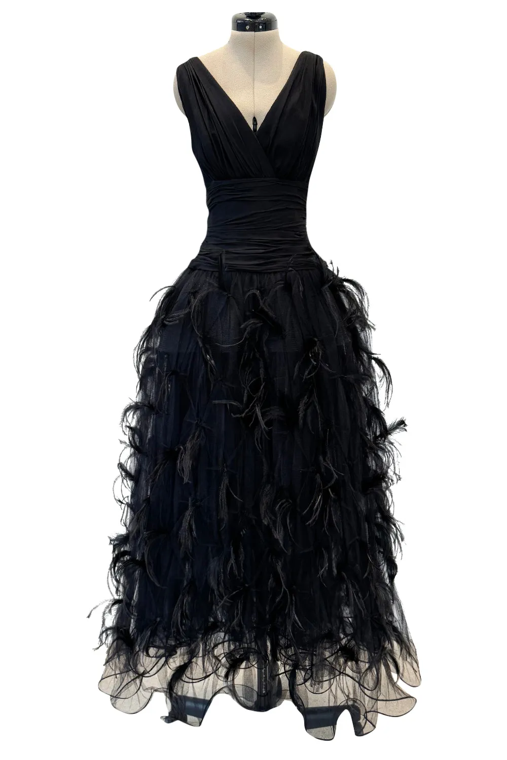 Pierre Balmain Fall 2000 Haute Couture Silk Chiffon, Net & Feather Skirt Dress - 12.5-14" W