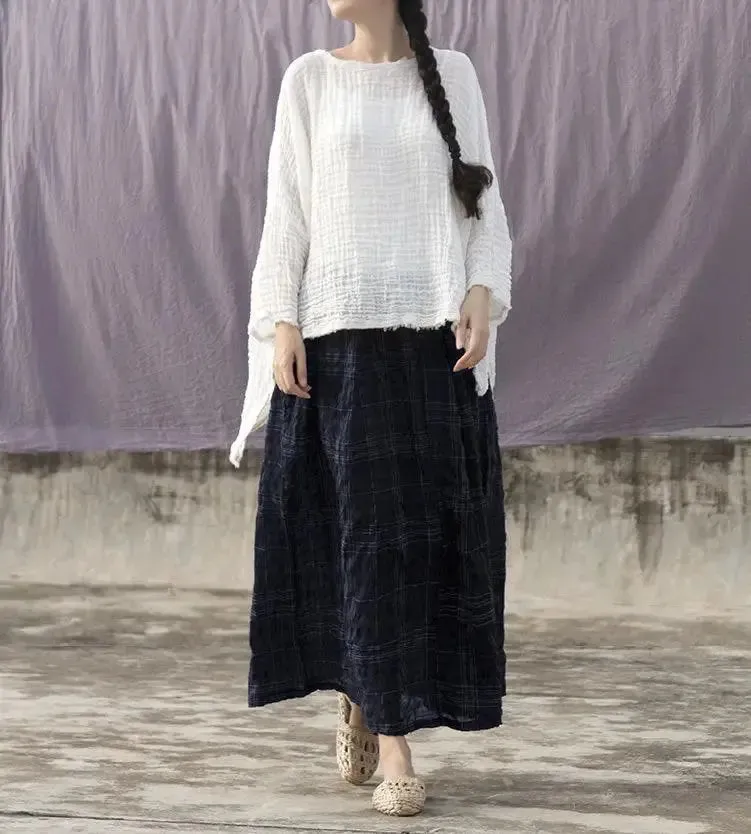 Plaid Linen Skirt A-Line Skirt with Elastic Waist