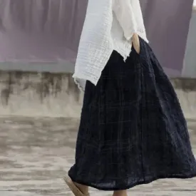 Plaid Linen Skirt A-Line Skirt with Elastic Waist