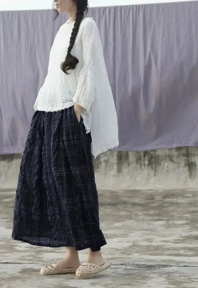Plaid Linen Skirt A-Line Skirt with Elastic Waist
