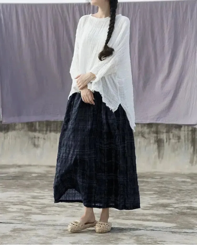 Plaid Linen Skirt A-Line Skirt with Elastic Waist