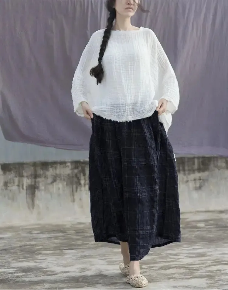 Plaid Linen Skirt A-Line Skirt with Elastic Waist