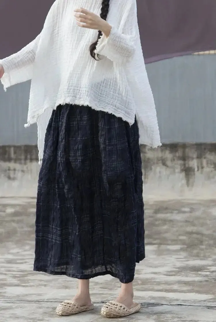 Plaid Linen Skirt A-Line Skirt with Elastic Waist