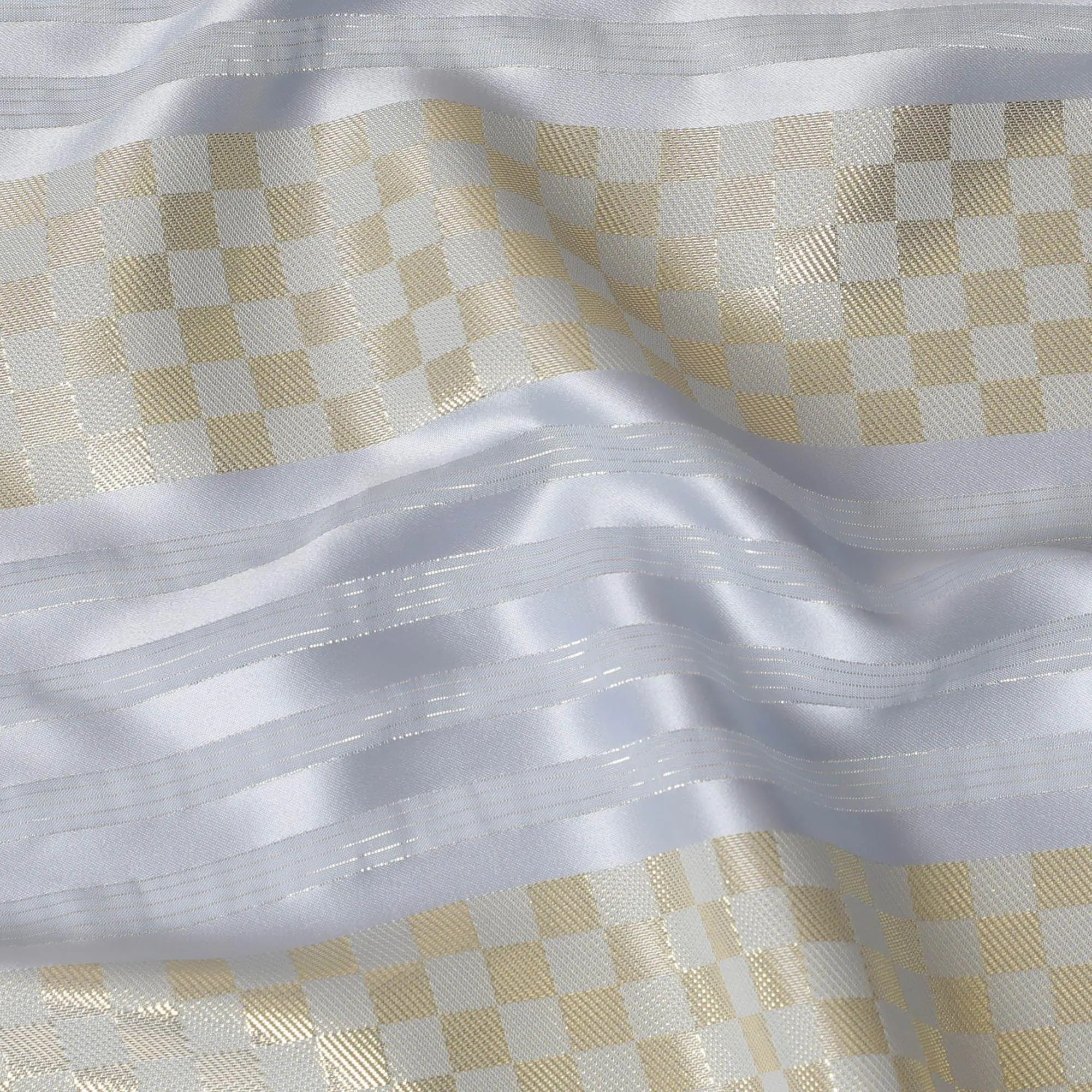 Powder blue synthetic crepe fabric with gold metallic lurex weave in stripe design-D15378
