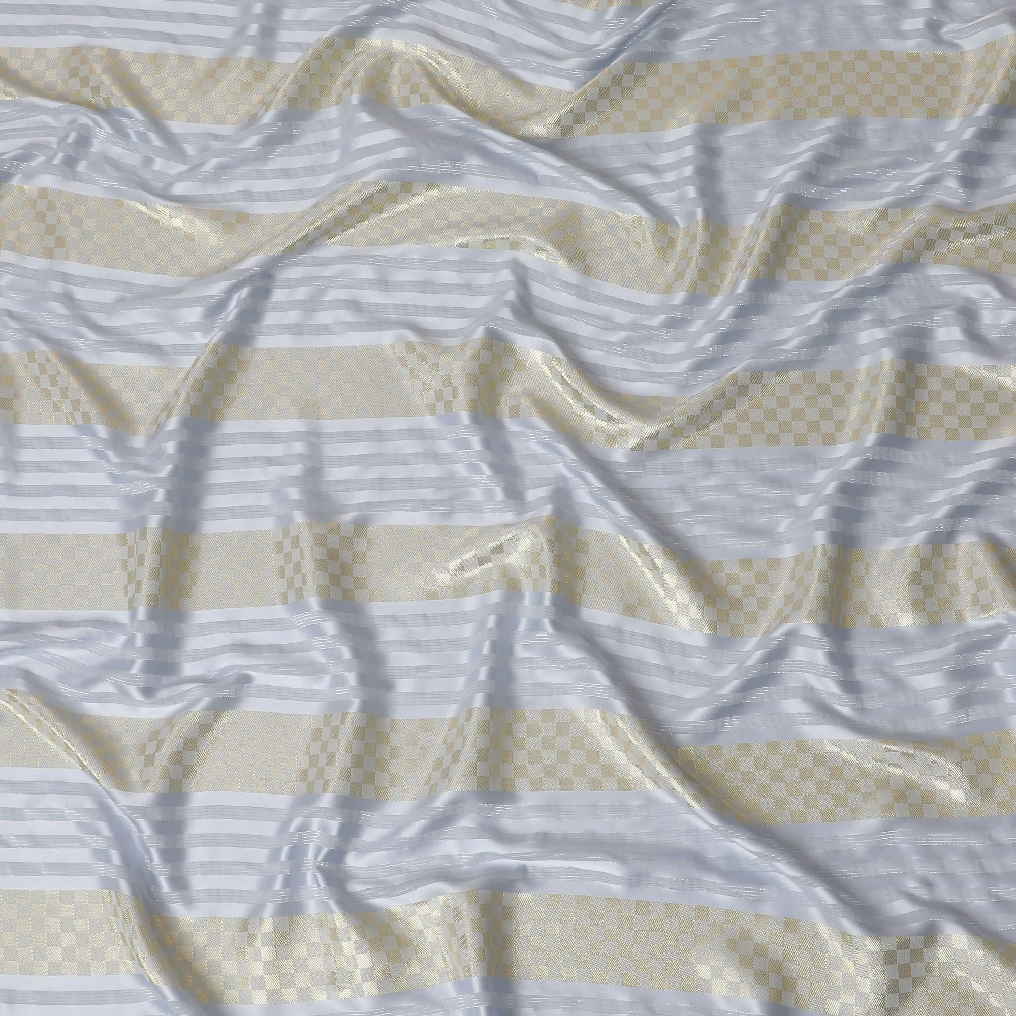Powder blue synthetic crepe fabric with gold metallic lurex weave in stripe design-D15378