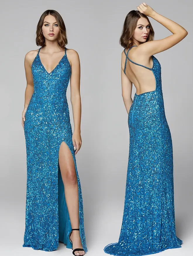 Primavera Couture 3295 000 & 10 Peacock Prom Dress Sizes Beaded long V neckline slit