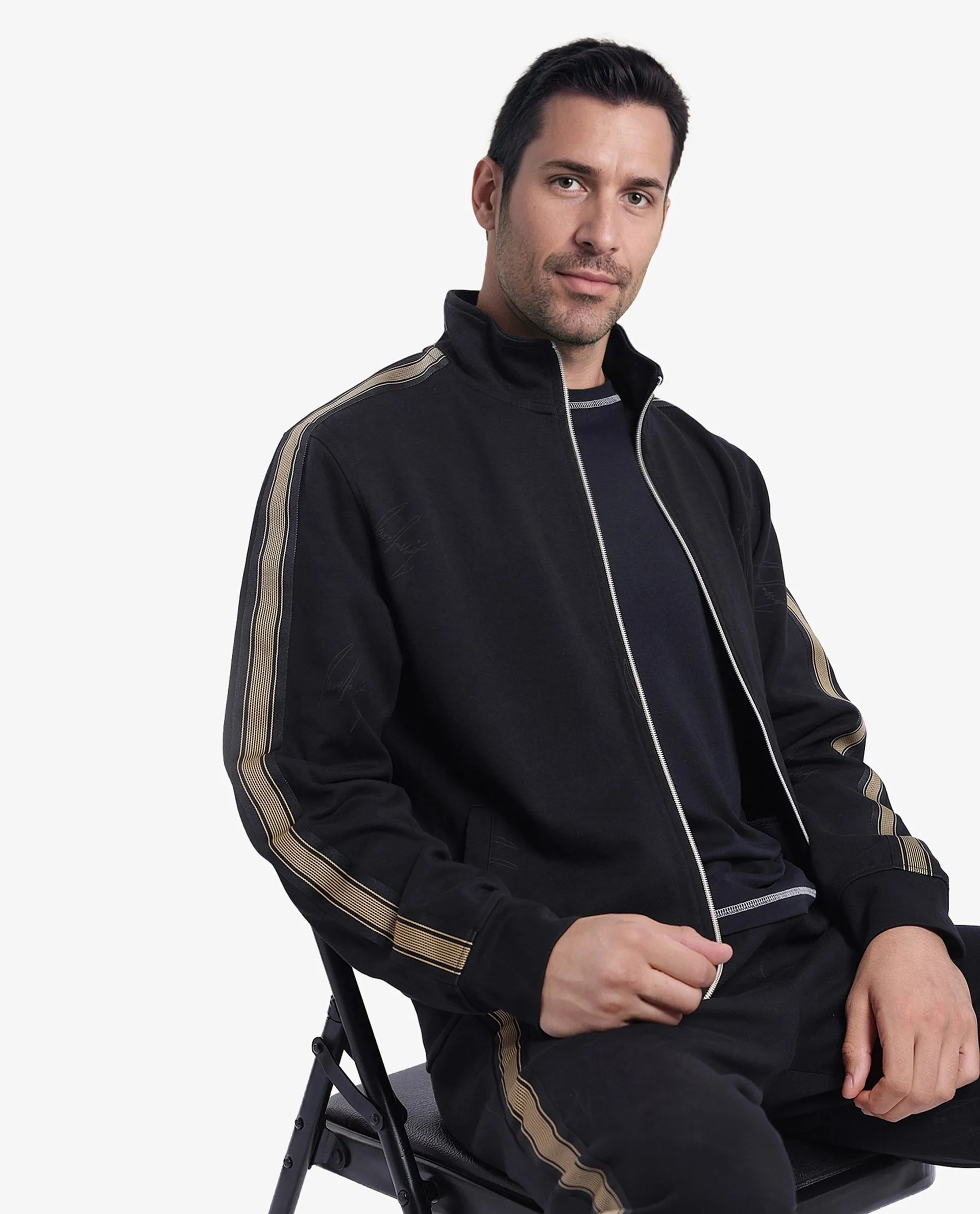 Rare Rabbit Men Jacksign Black Cotton Blend Fabric Full Sleeve High Neck Zipper Closure Signature Printed Jacket