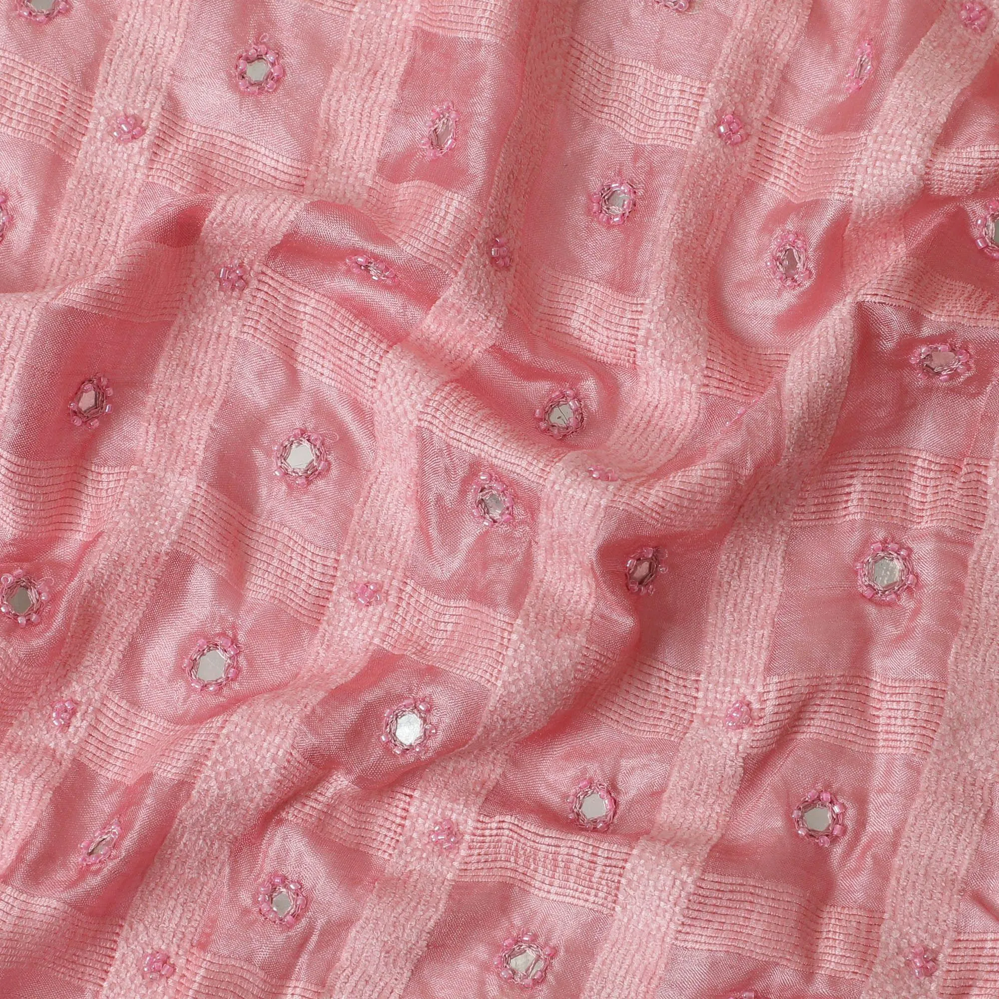Rose Pink synthetic polyester fabric with same tone embroidery, bead work and mirror work in checks design-D11782