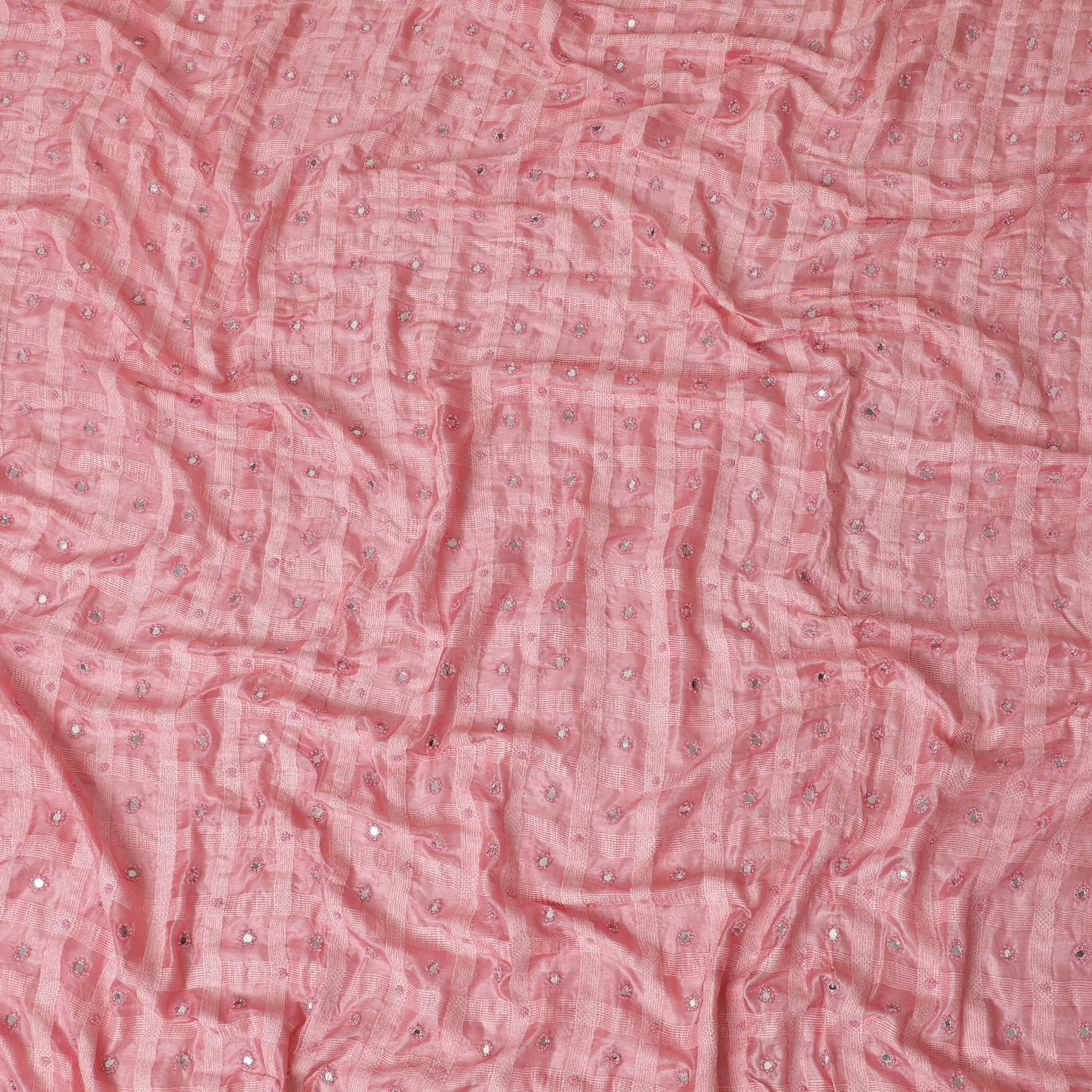 Rose Pink synthetic polyester fabric with same tone embroidery, bead work and mirror work in checks design-D11782