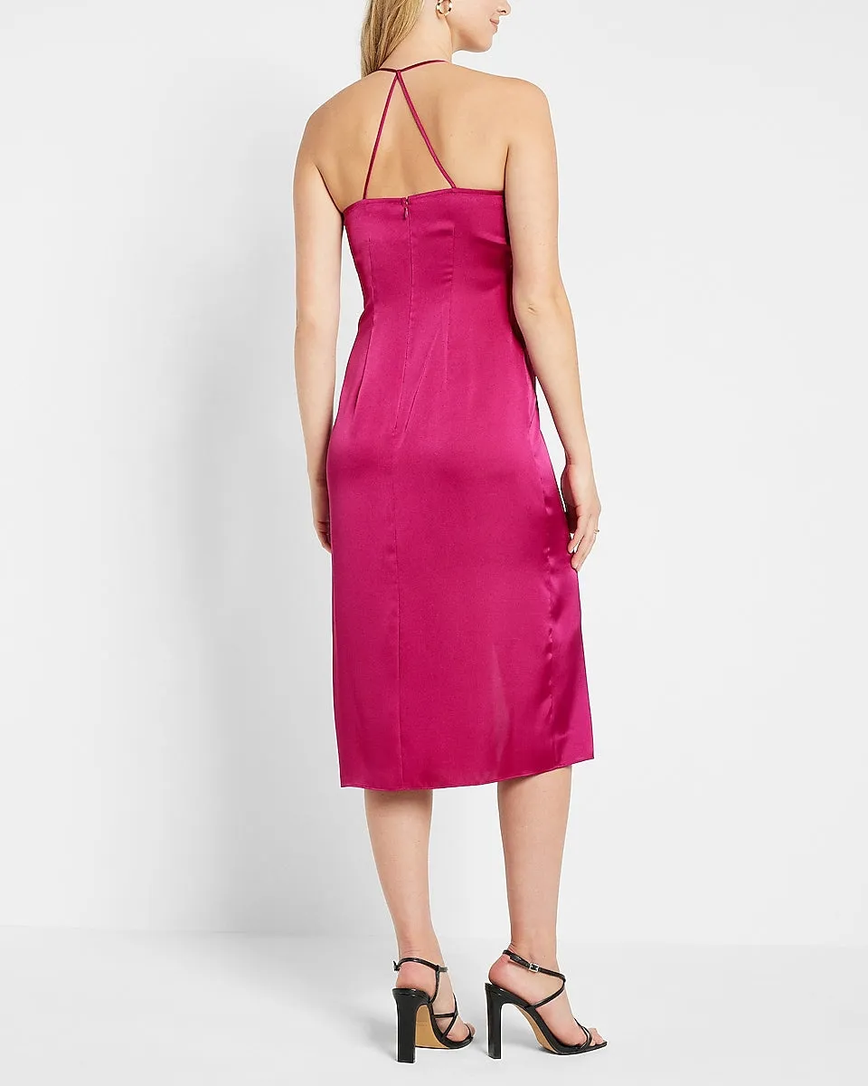 Satin Twist Front Slip Dress in Bright Pink