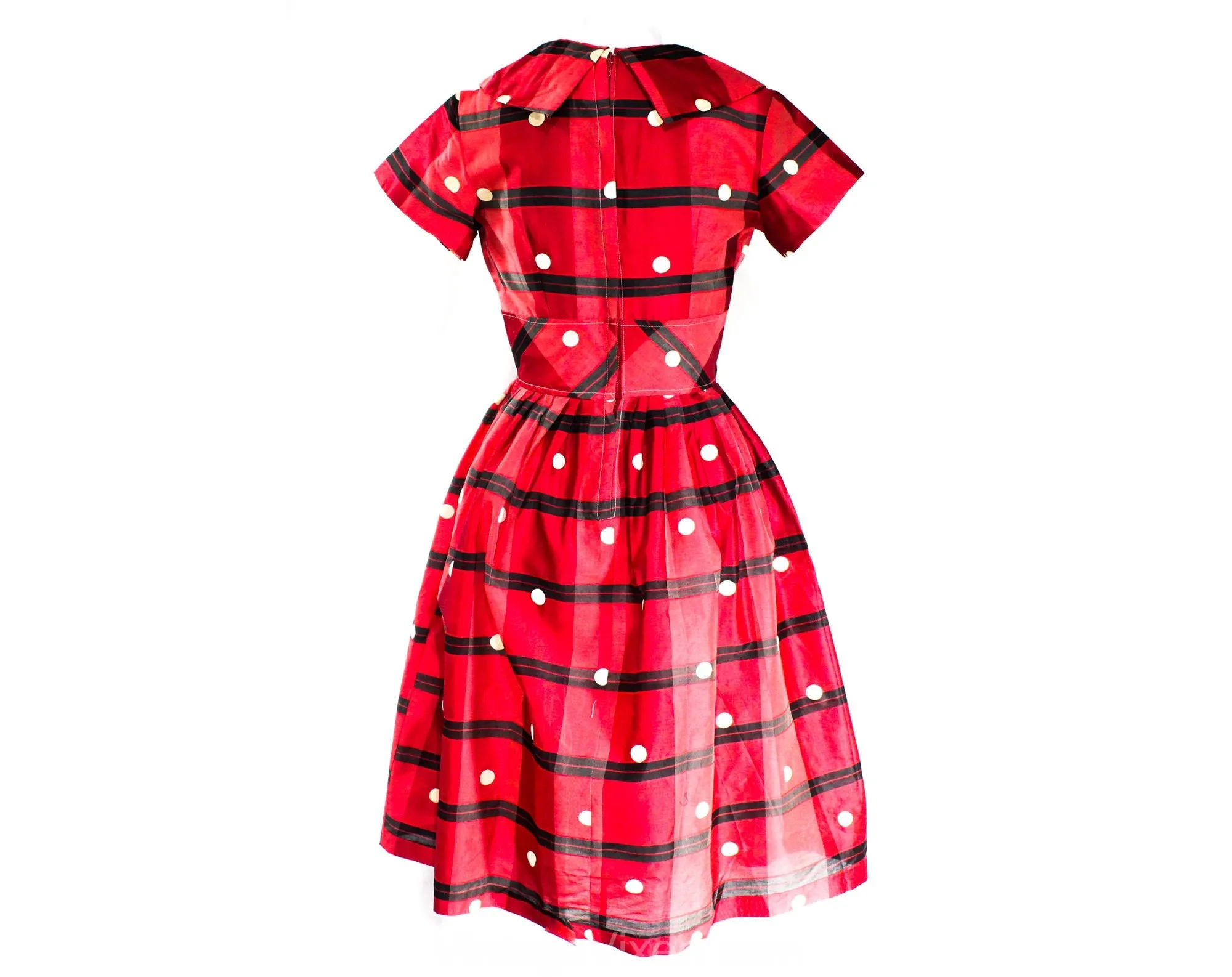 Size 6 1950s Dress - Red Polka Dot Plaid Summer Frock - Fitted Bodice & Full Skirt - 50s Black Tartan Silk Blend Dress - NWT - Waist 26