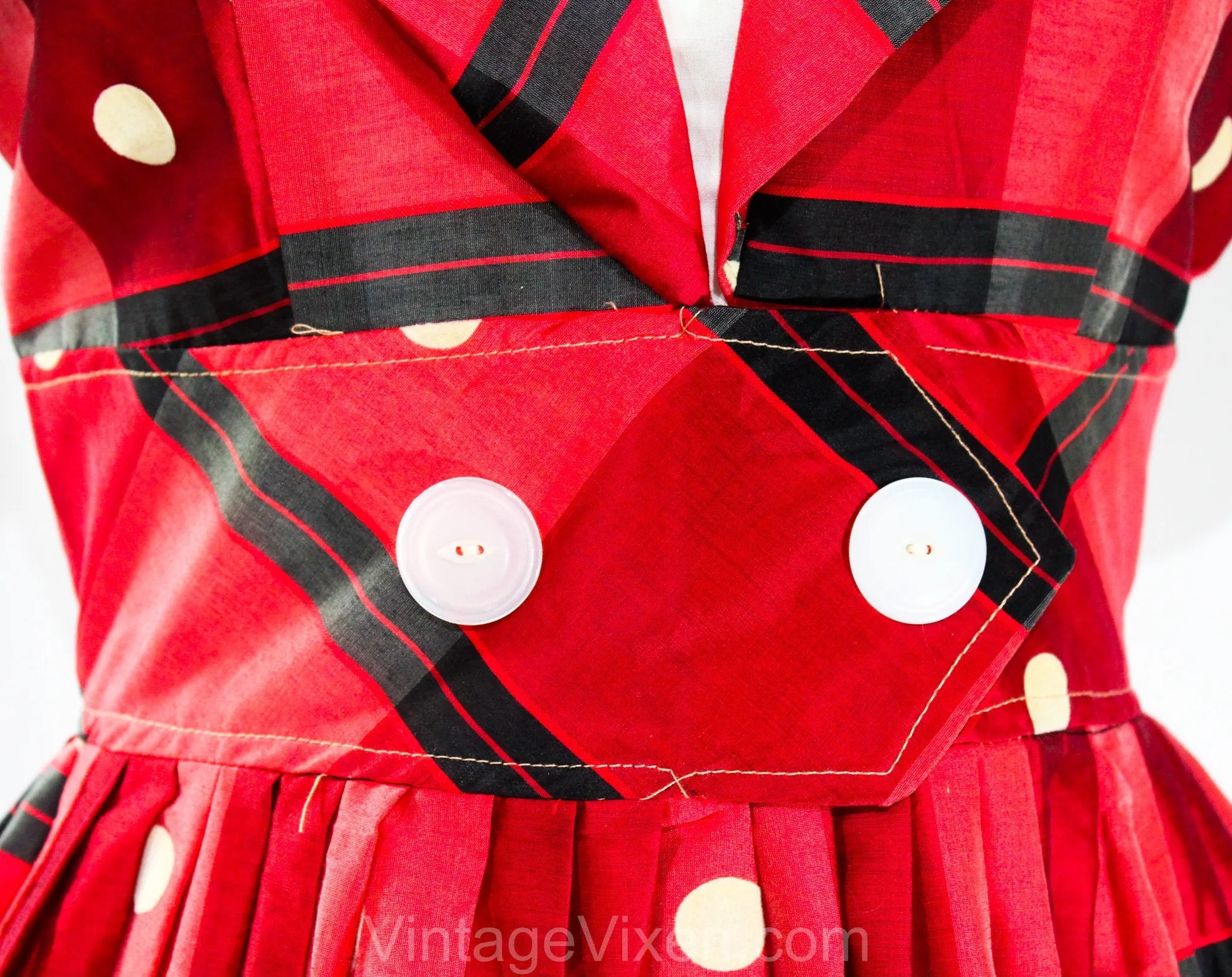 Size 6 1950s Dress - Red Polka Dot Plaid Summer Frock - Fitted Bodice & Full Skirt - 50s Black Tartan Silk Blend Dress - NWT - Waist 26