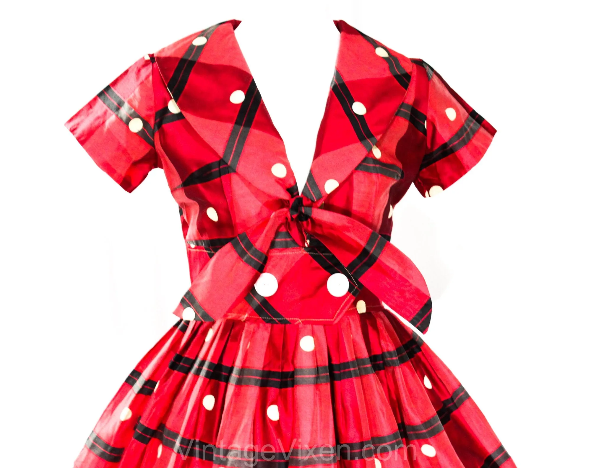 Size 6 1950s Dress - Red Polka Dot Plaid Summer Frock - Fitted Bodice & Full Skirt - 50s Black Tartan Silk Blend Dress - NWT - Waist 26