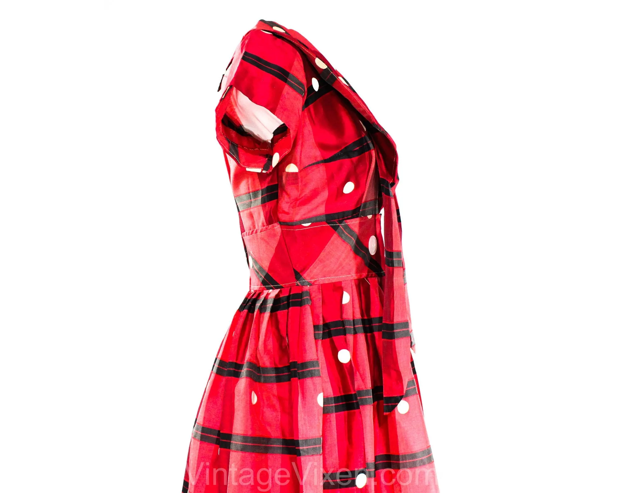 Size 6 1950s Dress - Red Polka Dot Plaid Summer Frock - Fitted Bodice & Full Skirt - 50s Black Tartan Silk Blend Dress - NWT - Waist 26