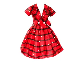 Size 6 1950s Dress - Red Polka Dot Plaid Summer Frock - Fitted Bodice & Full Skirt - 50s Black Tartan Silk Blend Dress - NWT - Waist 26 Size 6 1950s Dress - Red Polka Dot Plaid Summer Frock - Fitted Bodice & Full Skirt - 50s Black Tartan Silk Blend Dress - NWT - Waist 26