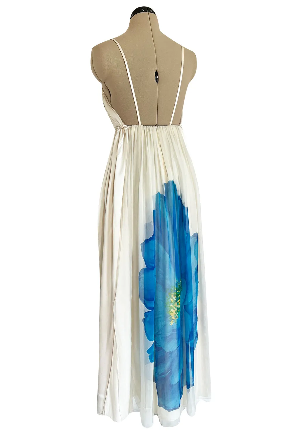 Spectacular Late 1970s Galanos Couture Ivory Silk Chiffon Dress w Brilliant Floral Print