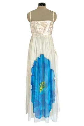 Spectacular Late 1970s Galanos Couture Ivory Silk Chiffon Dress w Brilliant Floral Print