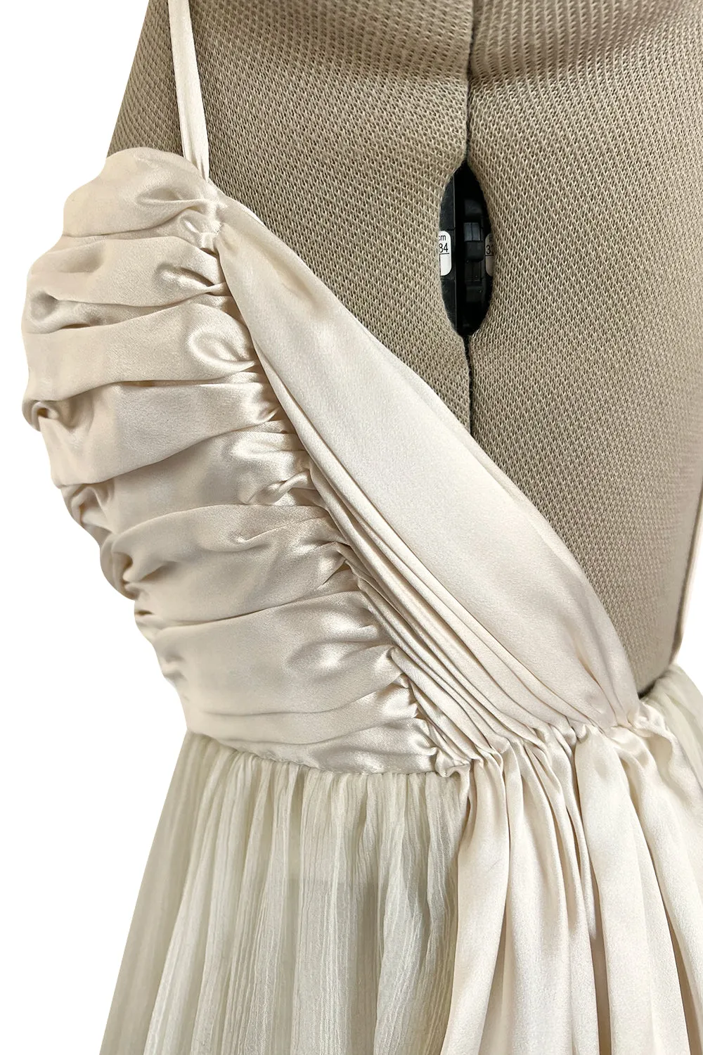 Spectacular Late 1970s Galanos Couture Ivory Silk Chiffon Dress w Brilliant Floral Print