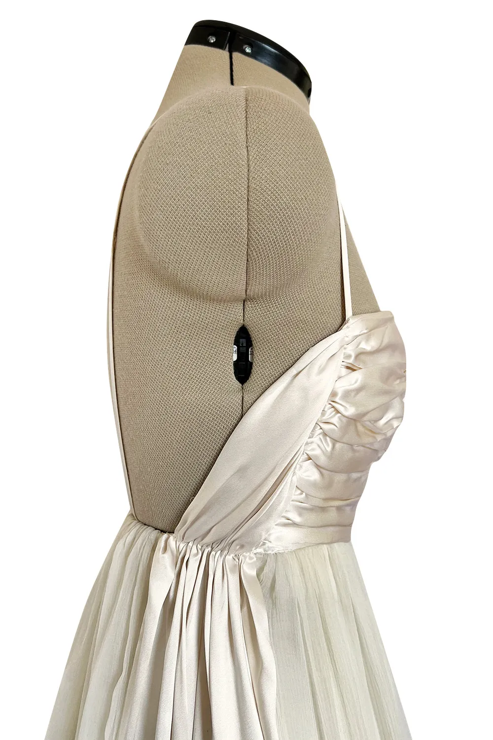 Spectacular Late 1970s Galanos Couture Ivory Silk Chiffon Dress w Brilliant Floral Print