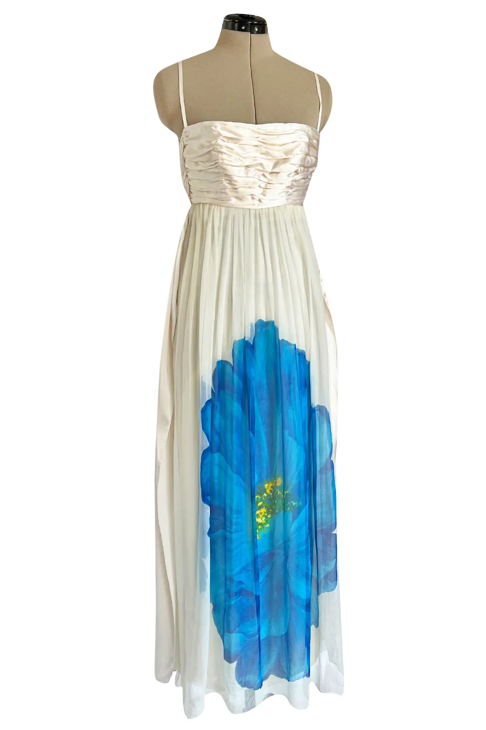 Spectacular Late 1970s Galanos Couture Ivory Silk Chiffon Dress w Brilliant Floral Print