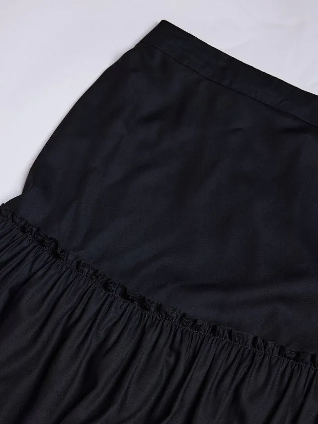 stylish plain pure viscose rayon tiered skirt with half elasticated waistband - Black