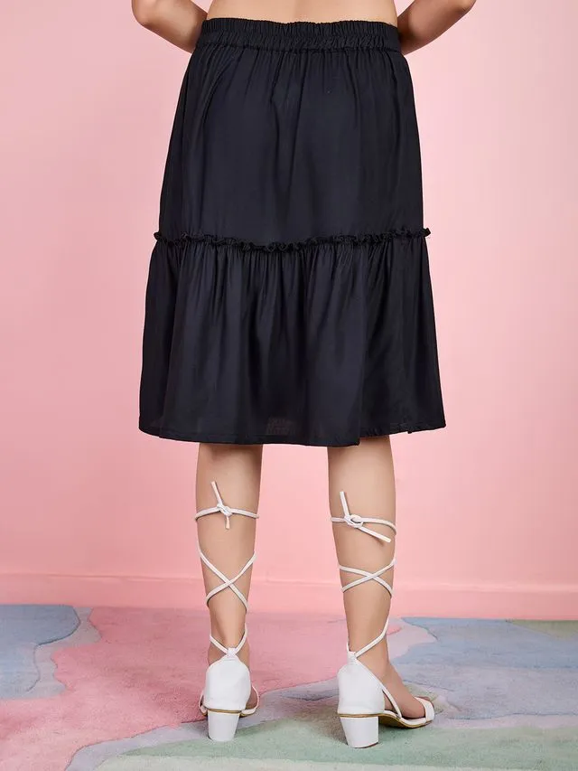 stylish plain pure viscose rayon tiered skirt with half elasticated waistband - Black