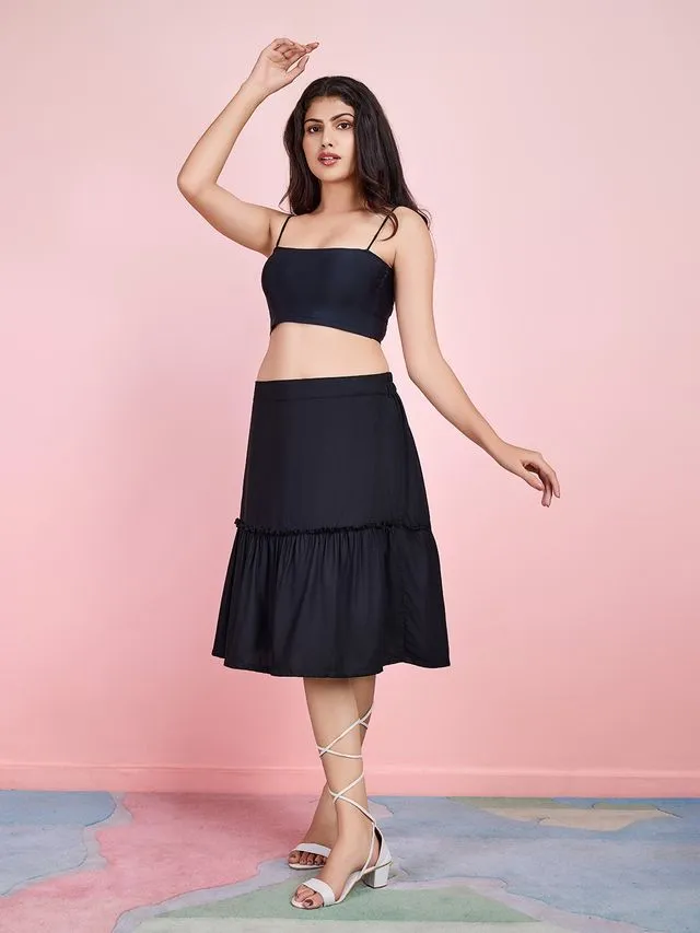 stylish plain pure viscose rayon tiered skirt with half elasticated waistband - Black
