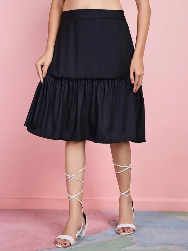 stylish plain pure viscose rayon tiered skirt with half elasticated waistband - Black