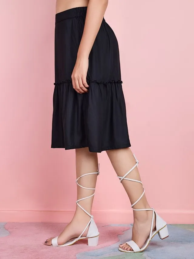 stylish plain pure viscose rayon tiered skirt with half elasticated waistband - Black