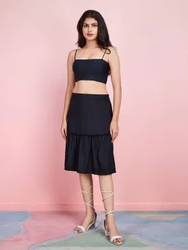 stylish plain pure viscose rayon tiered skirt with half elasticated waistband - Black